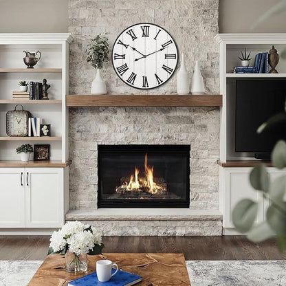 MODE HOME Large Rustic Wooden Wall Clock, 24 Inch Whitewashed Farmhouse Wall Clock with Carved Roman Numerals, Silent Battery Operated Round Vintage Clock for Living Room, Kitchen, Bedroom, Study Room