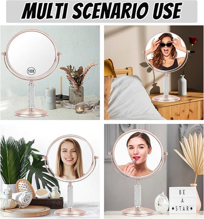 7"Rose Gold Glitter Diamond Rhinestone Makeup Mirror,360°Rotate Round Tabletop Vanity Mirror Double Sided 1X/10X HD Undistorted Magnifying Mirror,Portable Vanity Women Gift (No Lamp Rose Gold)