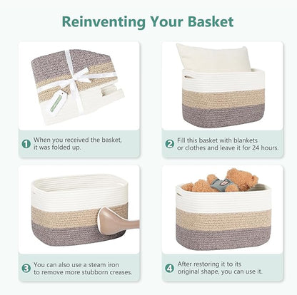 Cotton Rope Storage Basket, 15x10x9 Inches, Woven Basket for Shelves, Clothes, Towels, Books, and Laundry, Black/White (3 Pack)