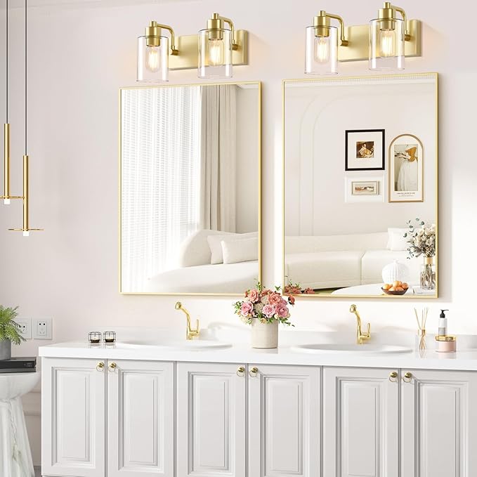 Gold Bathroom Light Fixtures,2-Light Bathroom Lights Over Mirror with Clear Glass Shade,Gold Light Fxiture Wall Sconces for Kitchen Living Room Bedroom