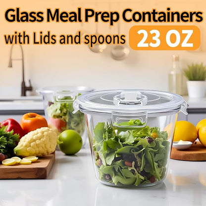 H.JSS WDJS 24oz Round Glass Soup Containers with Lids and Spoons, 3Cup Glass Food Storage Containers Set, BPA-Free Meal Prep Bowls with Lids for Leftover, Microwave, Dishwasher, Fridge Safe (4-Pack)
