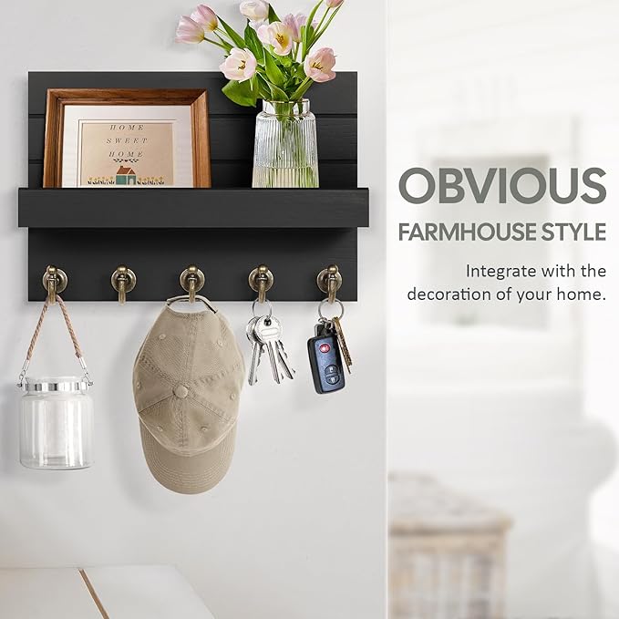 Key Holder for Wall: Easy Installation Mail Organizer Wall Mount Hanging Key Rack for Kitchen and Entryway Decor with 5 Sturdy Key Hooks (Black)