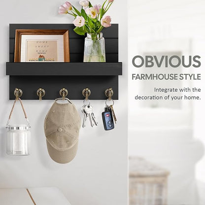Key Holder for Wall: Easy Installation Mail Organizer Wall Mount Hanging Key Rack for Kitchen and Entryway Decor with 5 Sturdy Key Hooks (Black)