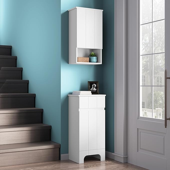 Small Bathroom Cabinet with Adjustable Shelves, Drawer, Anti-Tip Design, 14.96" L x 11.81" W x 32.09" H, Durable MDF for Bathroom, Kitchen, Laundry, Soft-Close Door
