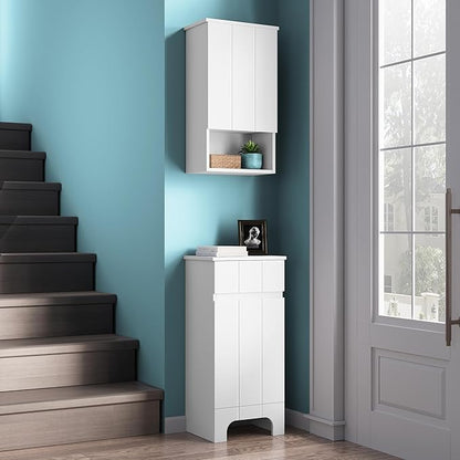 Small Bathroom Cabinet with Adjustable Shelves, Drawer, Anti-Tip Design, 14.96" L x 11.81" W x 32.09" H, Durable MDF for Bathroom, Kitchen, Laundry, Soft-Close Door