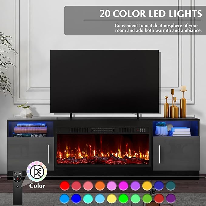 LEMBERI 70" Fireplace TV Stand for TVs up to 80", 36" Electric Fireplace 750W/1500W Entertainment Center with 20-Color LED, 300lbs Max Capacity High Gloss Storage Cabinet Console, Black
