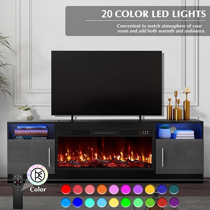 LEMBERI 70" Fireplace TV Stand for TVs up to 80", 36" Electric Fireplace 750W/1500W Entertainment Center with 20-Color LED, 300lbs Max Capacity High Gloss Storage Cabinet Console, Black