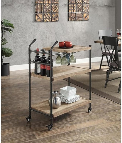 Acme Brantley Serving Cart with 3 Wooden Shelves in Oak and Sandy Black