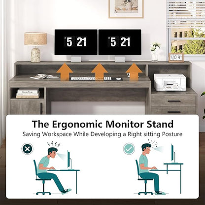Executive Computer Desk with 3 Drawers & Storage Shelves, 65 Inch Home Office Desk with File Drawer & Cabinet, Writing Study Desks with Monitor Stand & Printer Shelf, Executive Desk, Grey