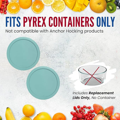 Replacement Lids fits Pyrex 2-Cup Glass Food Storage Container Bowls, 5-Inch Plastic Round Lids Covers for Pyrex 7200-PC, Airtight & Leakproof (2-Pack, Turquoise)