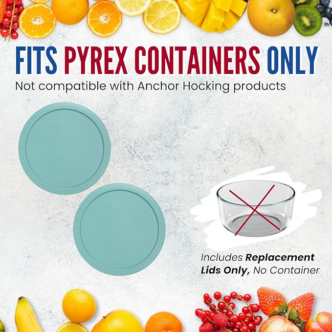 Replacement Lids fits Pyrex 6 & 7-Cup Glass Food Storage Container Bowls, 7.5-Inch Plastic Round Lids Covers for Pyrex 7402-PC, Airtight & Leakproof (2-Pack, Turquoise)