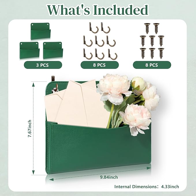 3 PCS Wall Mount PU Leather Mail Holder Green Faux Leather Letter Holder Stylish Wall Hanging Mail Storage 2 Ring Wall Mail Organizer for Flowers Envelope Key Notebooks Home Office Decor