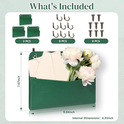3 PCS Wall Mount PU Leather Mail Holder Green Faux Leather Letter Holder Stylish Wall Hanging Mail Storage 2 Ring Wall Mail Organizer for Flowers Envelope Key Notebooks Home Office Decor