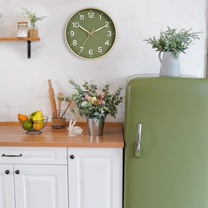 Roymnie Wall Clock Green, 10 Inch Silent Wall Clocks Battery Operated-Modern Non Ticking Analog Clock Decorative for Kitchen Bedroom Office Bathroom(Gold)