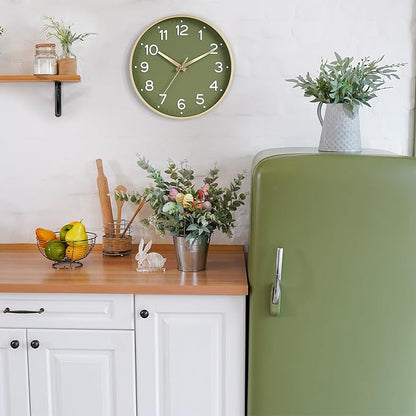 Roymnie Wall Clock Green, 10 Inch Silent Wall Clocks Battery Operated-Modern Non Ticking Analog Clock Decorative for Kitchen Bedroom Office Bathroom(Gold)
