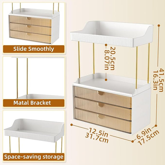 2 Sets 6 Drawers Makeup Organizer – 5 Tier Bathroom Organizers and Storage, Versatile Perfume Vanity Organizer, Ideal for Cosmetic, Large Skincare, Face Mask, Office Supplies, Amber