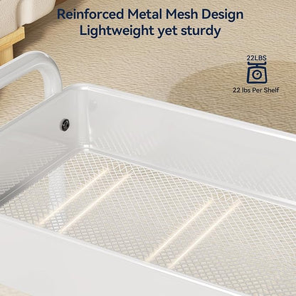 YASONIC Metal 3 Tier Rolling Cart - Heavy Duty Utility Cart with Lockable Wheels, Hanging Cups, Hooks, Mesh Rolling Storage Cart Craft Cart Organizer, Lightweight and Sturdy, White