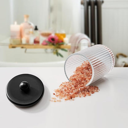SheeChung 2 Pack Glass Qtip Holder - Apothecary Jars Bathroom Organizer with Metal Lids - Countertop Vanity Canister Set for Cotton Swabs, Rounds, Floss Picks-Modern Luxury Decor (Black Ribbed)