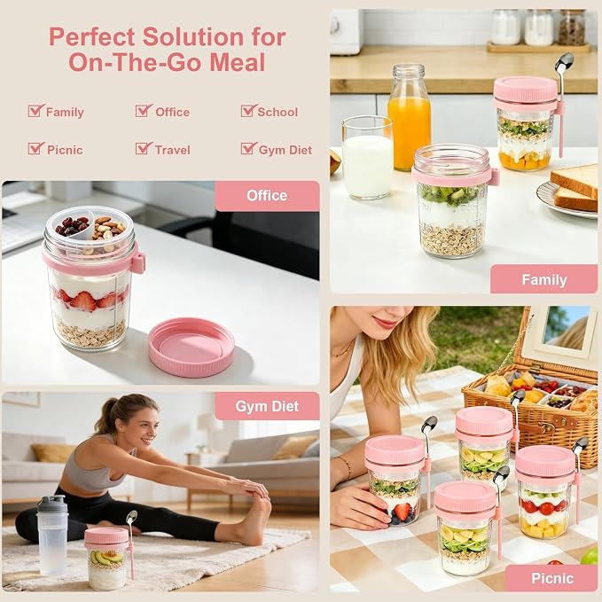 4 Pack Overnight Oats Containers with Lids and Spoons - 16 oz Glass Mason Jars with Dressing Cup, Over night Oat Jars for Meal Prep, Yogurt Parfait Cup for Chia Seed Salad (Pink)
