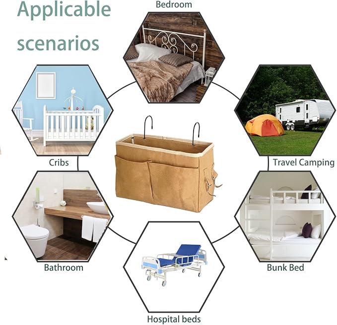 Bedside Caddy Bedside Hanging Storage Basket Multi-Function Organizer Caddy for Bunk and Hospital Beds Dorm Rooms Bed Rails, Can be Placed Glasses Books Mobile Phones（Dark khaki）