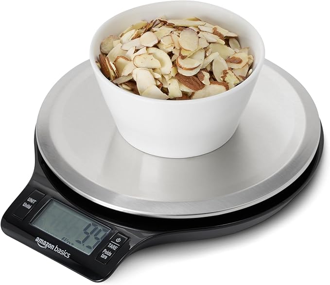 Amazon Basics Digital Kitchen Scale with LCD Display, Tare Function, Multiple Units, Weighs up to 11 Pounds, Batteries Included, Black and Stainless Steel