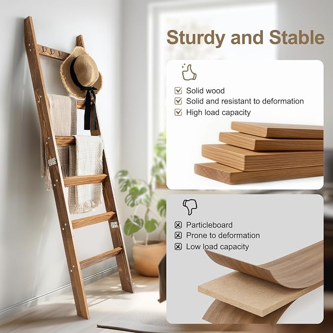TEAKMAMA 6-Tier Blanket Ladder for Living Room and Bedroom,5.4 Ft Wall Leaning Quilt Rack with Hooks,Rustic Decorative Farmhouse Blanket Storage,Stylish Ladder Holder,Christmas Decorations,Honey Brown