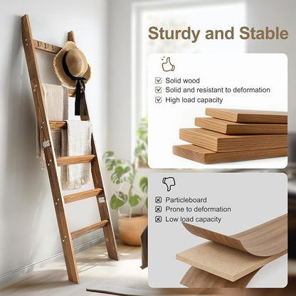 TEAKMAMA 6-Tier Blanket Ladder for Living Room and Bedroom,5.4 Ft Wall Leaning Quilt Rack with Hooks,Rustic Decorative Farmhouse Blanket Storage,Stylish Ladder Holder,Christmas Decorations,Honey Brown