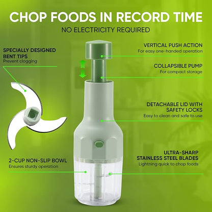 Brieftons Express Small Manual Food Chopper, 2-Cup: Hand Chopper with Container, Push-Down Pump Onion Chopper, Garlic Chopper, Green Veggie Cutter for Salsa, Salad, Coleslaw, Baby Food, Indian Cooking