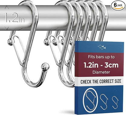 6-Pack Metal S Hooks for Hanging – Heavy-Duty S-Shaped Hook with Safety Buckle – Fits Bars up to 1.2 in – Anti-Drop S-Hooks for Closet, Wardrobes & Storage – Silver (Large)