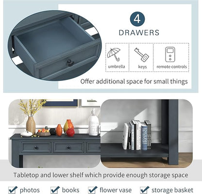 Knocbel Console Table with 4 Storage Drawers Bottom Shelf, Rustic Distressed Sofa Table for Entryway Hallway, Assembly Required, 63" W x 14" D x 30" H, Navy