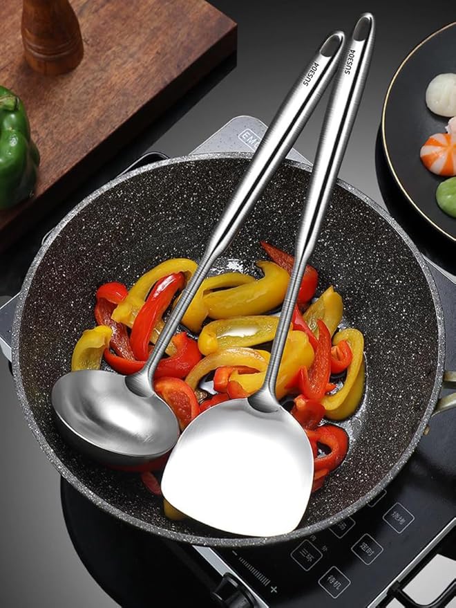 Wok Utensils Tools for Carbon Steel, Stainless Steel Wok Spatula Set,Wok Spatula and Skimmer, Soup Ladle,Meat Fork,4-PiecesCooking Tools & Serving Utensil 15inch