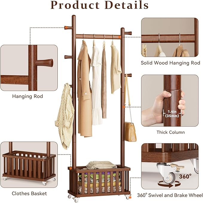 Solid Wood Coat Rack Clothes Rack, Coat Rack Freestanding with Storage Basket and 5 Hooks, Heavy Duty Coat Tree for Entryway, Living room, Coat Hanger Stand for Hats, Bags Clothes
