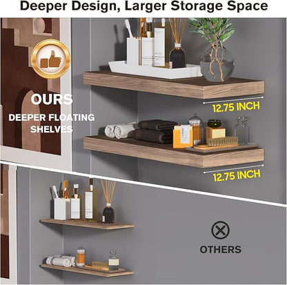 JPND Floating Shelf, Set of 3 Wall Shelf, 24 in W x 12.75 in D x 2 in H Wooden Floating Wall Shelf with Invisible Brackets for Living Room/Bedroom/Bathroom/Kitchen Storage and Decor, Walnut