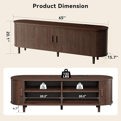 65" Mid Century Modern TV Stand with Power Outlet, Fluted Entertainment Center with Storage and Adjustable Shelves, Wood TV Console with Sliding Doors for Living Room, Walnut