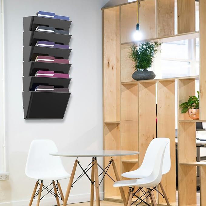 6 Pockets Acrylic Wall File Organizer, Clear Wall File Holder, Plastic Hanging Wall File Holder for Office, School and Home, Black
