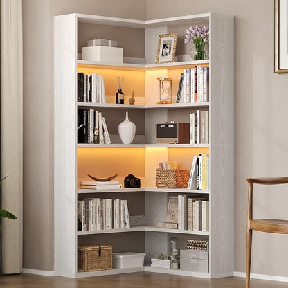 4 EVER WINNER Corner Book Shelf with LED Lights, 71” Corner Bookshelf for Living Room, Study Room, Wooden Storage Display Industrial l Shaped Bookshelf, White