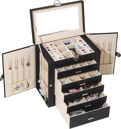 BOOVO Jewelry Box For women, 6 Layer Large Jewelry Organizer With Mirror, Multi-Function Storage Box With Lock, Accessory Holder With 5 Drawers, For Earrings Necklace Ring Bracelet (Black)