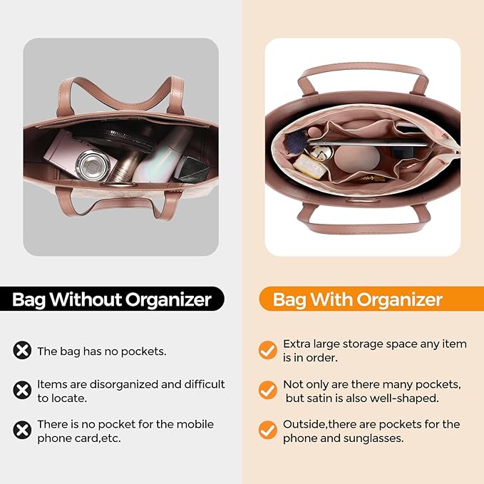 SDANG Purse Organizer Insert with Zipper – Pink Handbag & Tote Bag Organizer | Bag-in-Bag Insert with Pockets for Purses, Totes & Travel(Pink,Extra Large 34)