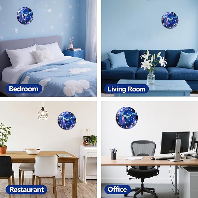 peacoblue Wall Clocks Battery Operated 12 Inch Light Geometric Pattern Glass Round Wall Clock Non Ticking for Kitchen Living Room Dining Room Bedroom and Bathroom Decor (Battery not Included)