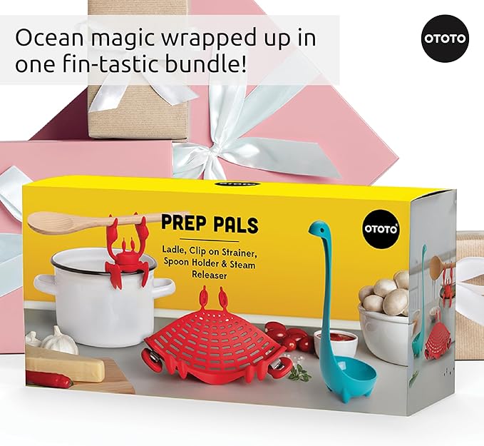 OTOTO Prep Pals Bundle of Red the Crab, Nessie, Crabby - Cute Kitchen Accessories, Kitchen Gadgets, Spoon Rest for Stove Top, Soup Ladle, Pasta Strainer, Funny Unique Gifts, Cooking Gifts