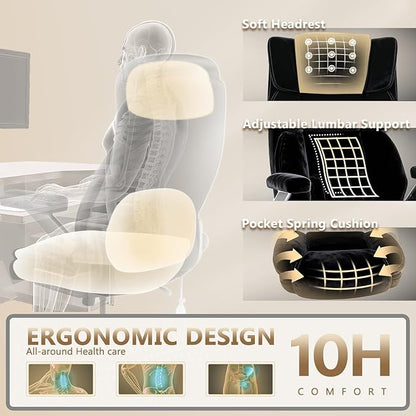 600LBS Large Fabric Heavy Duty Office Chair with 5D Flip Arms, Comfy Big and Tall Office Chair with Pocket Spring Cushion, Large High Back Computer Desk Chair with Adjustable Lumbar Support