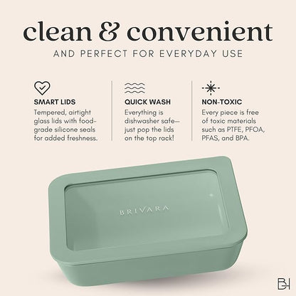 BRIVARA HOME Ceramic Coated Glass Food Storage Containers | No PTFE, PFOA, PFAS, and BPA | Reusable Non Toxic Meal Prep Containers with Glass Lids | Easy To Store | 10 Piece Set [Willow]