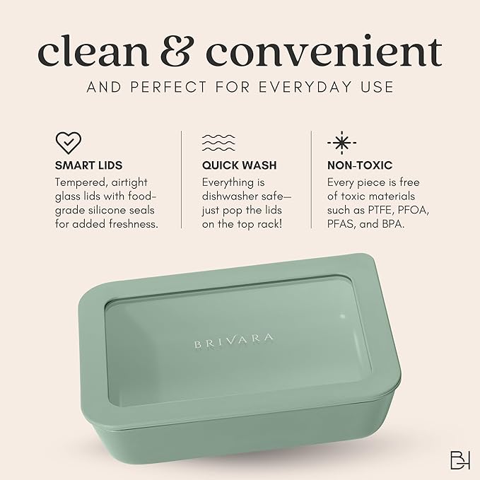 BRIVARA HOME Ceramic Coated Glass Food Storage Container | No PTFE, PFOA, PFAS, and BPA | Reusable Non Toxic Meal Prep Container with Glass Lid | Easy To Store | 3 Cup Rectangle [Willow]