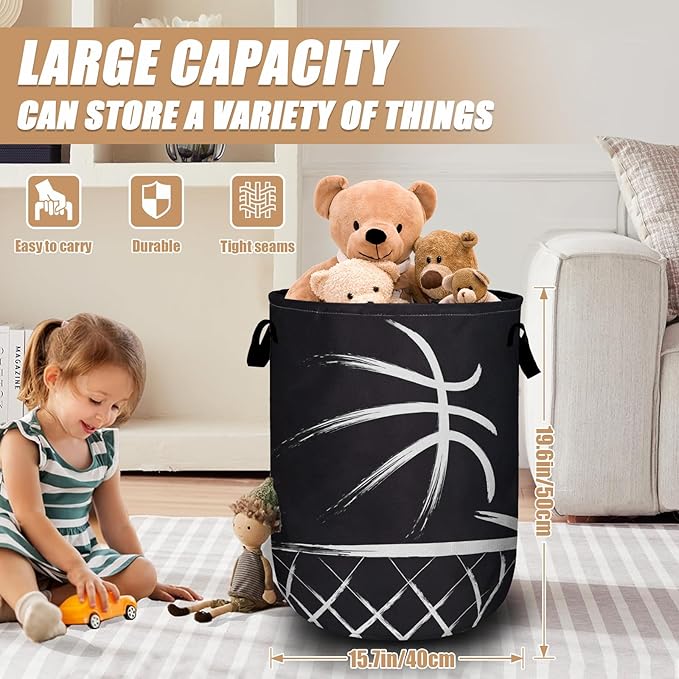 Black Basketball Laundry Basket, Foldable Sport Ball Theme Laundry Hamper Tote Bag Dirty Clothes Storage Bucket Toy Organizer for Bathroom/Laundry/Bedroom 15.7"x19.6"