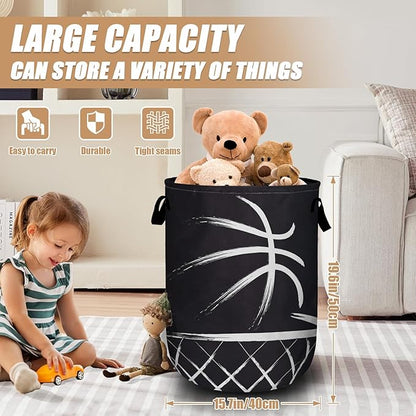 Black Basketball Laundry Basket, Foldable Sport Ball Theme Laundry Hamper Tote Bag Dirty Clothes Storage Bucket Toy Organizer for Bathroom/Laundry/Bedroom 15.7"x19.6"
