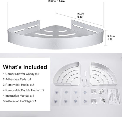 DUFU Adhesive Corner Shower Caddy with Hooks,Bathroom Shower Organizer, No Drilling Rust Proof Aluminum Shower Shelf for Inside Shower 2 Pack (Silver)