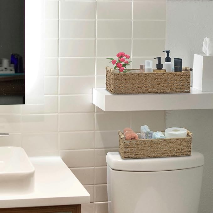 Toilet Paper Baskets for Organizing[2 pack],Paper Rope Wicker Storage Basket with Handle, Bathroom Basket for Bedroom, Nursery, Living Room. (Natural)