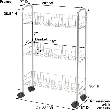 Household Essentials Slim Storage Cart, 3 Shelf Storage Cart with Wheels, Perfect for Laundry Rooms, Bathrooms, Pantries, Kitchens and More