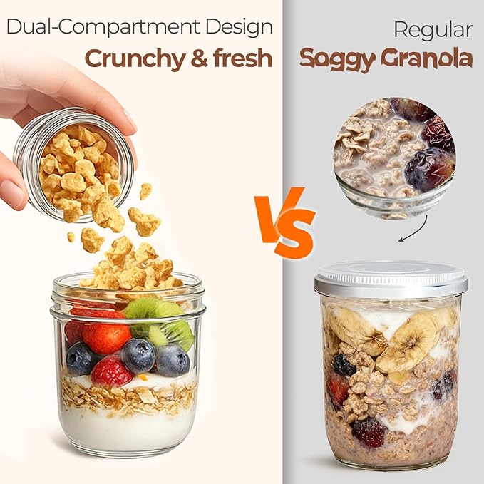 ComSaf Overnight Oats Containers with Lids (8oz+4oz, 2Pcs), Glass Yogurt Parfait Cups for Cereal Nut Fruit, Dual-Layer Chia Pudding Jars Reusable, Small Mason Jars for Salad, Meal Prep, Snack, Oatmeal