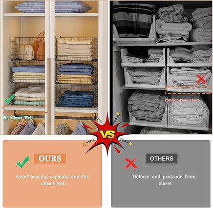 Yociyoga 6-Tier Stackable Closet Organizers and Storage Shelves, Closet Shelf Organizer Basket Bins, Foldable Sweater Storage for Clothes Organizer System, Black（Patent No. 30022416）